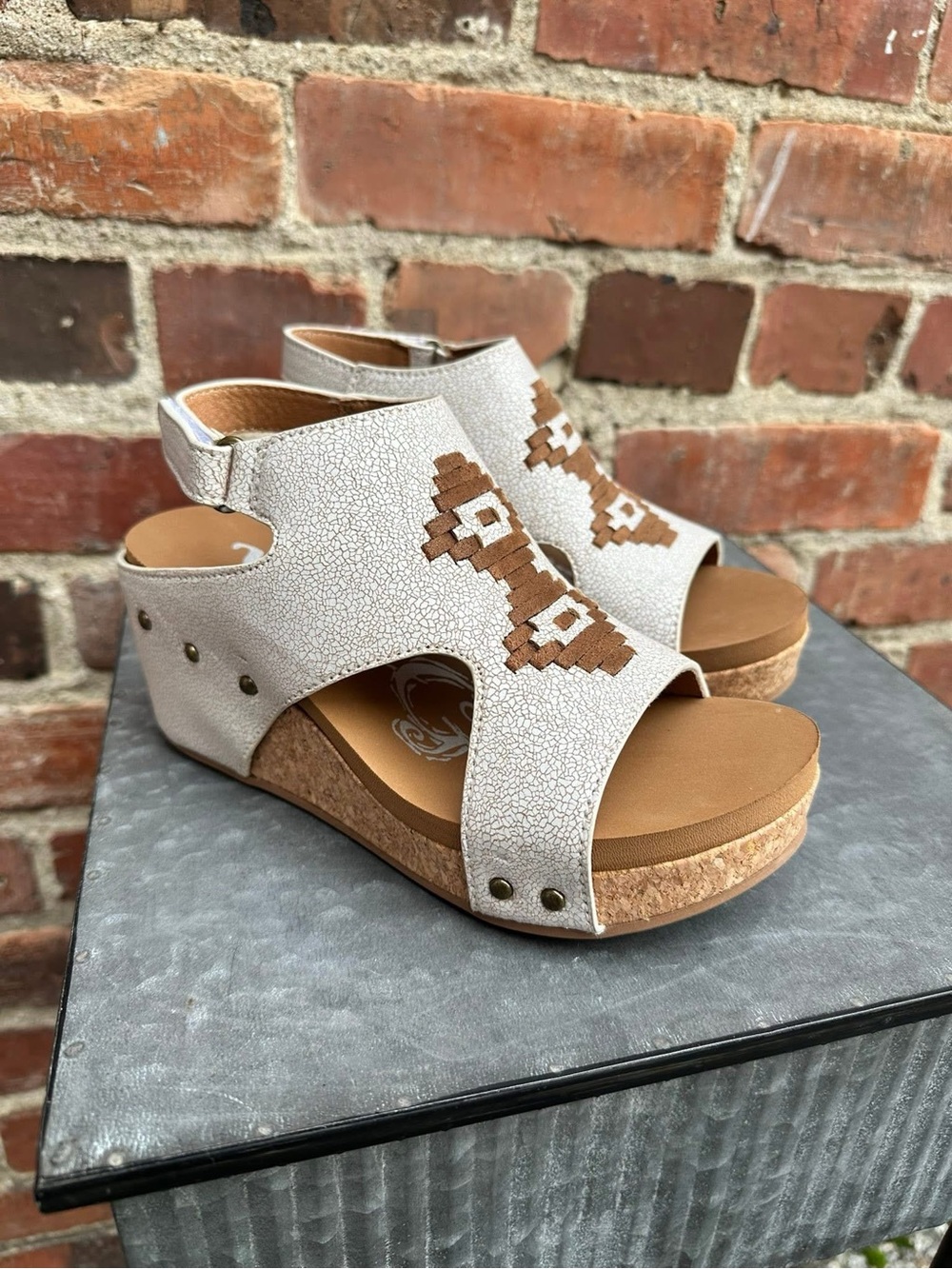 NEW Very G Cream Cork Wedge Sandals with Brown Embroidered Detail